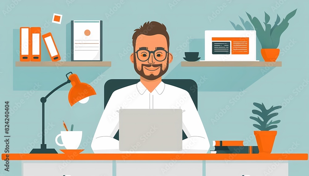 See a flat design of a happy employee at a wellorganized desk See a flat design of a happy employee at a wellorganized desk
