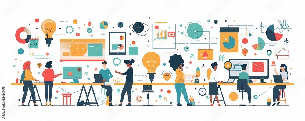 See a flat design of employees collaborating on a project with enthusiasm See a flat design of employees collaborating on a project with enthusiasm