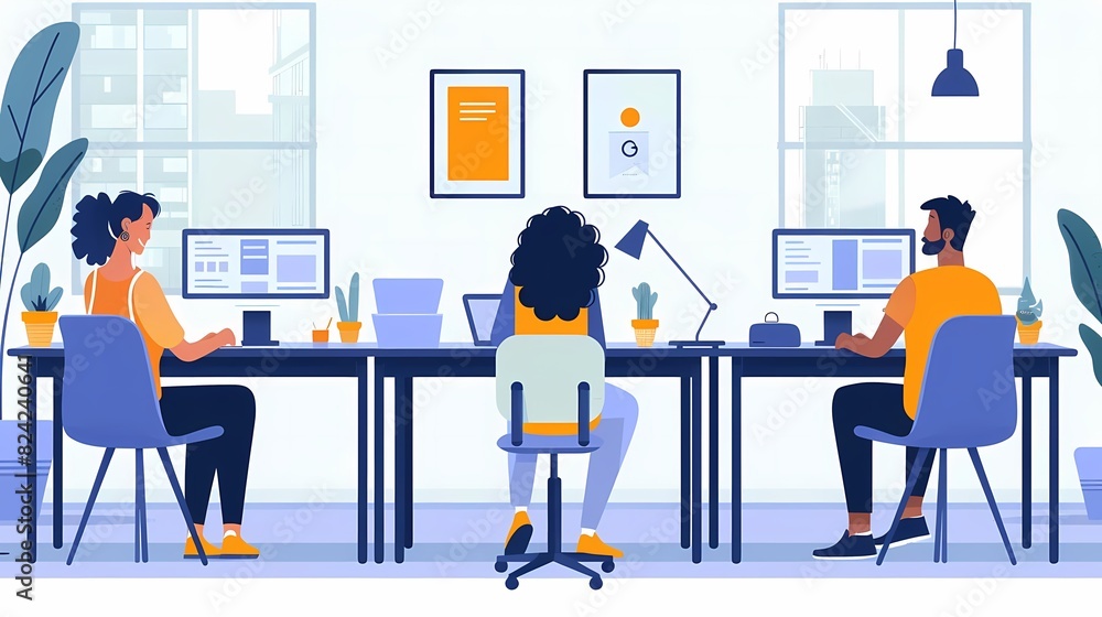 Visualize a flat design of a workplace with friendly interactions and smiles Visualize a flat design of a workplace with friendly interactions and smiles