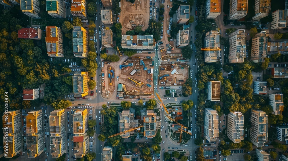 Fototapeta premium An aerial view of a city with multiple construction sites, representing urban growth