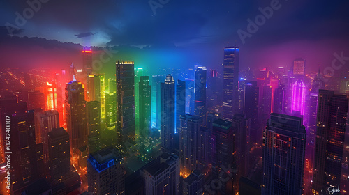 lgbtq gay rainbow lights night city skyline generative art