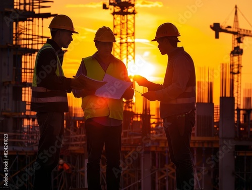 Silhouetted construction workers and engineers discussing plans on a construction site at sunset, evoking teamwork and the building process