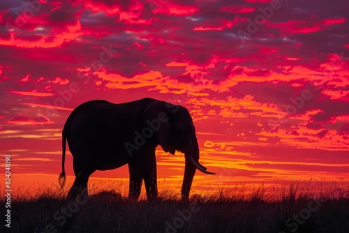 majestic african elephant silhouetted against vibrant orange and pink sunset sky dramatic wildlife photography © Lucija