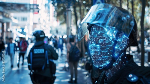 Police officers use AIpowered facial recognition technology to identify and locate missing persons in a crowded area during an emergency situation.