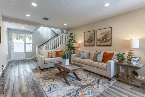 A cozy living room with staged furniture in a model home  showcasing interior design and home staging