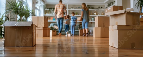 A family moving into their new house, surrounded by moving boxes, symbolizing a new beginning
