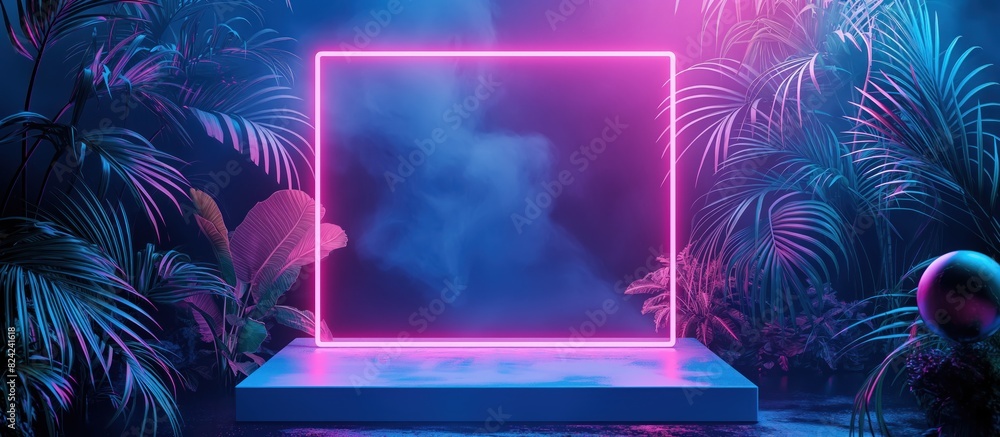 Neon Frame on Marble Podium with Tropical Setting Neon Frame on Marble Podium with Tropical Setting