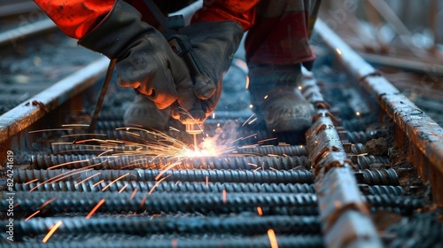 A worker is welding additional steel bars onto the existing structure adding extra reinforcement to withstand the force of potential floods. photo