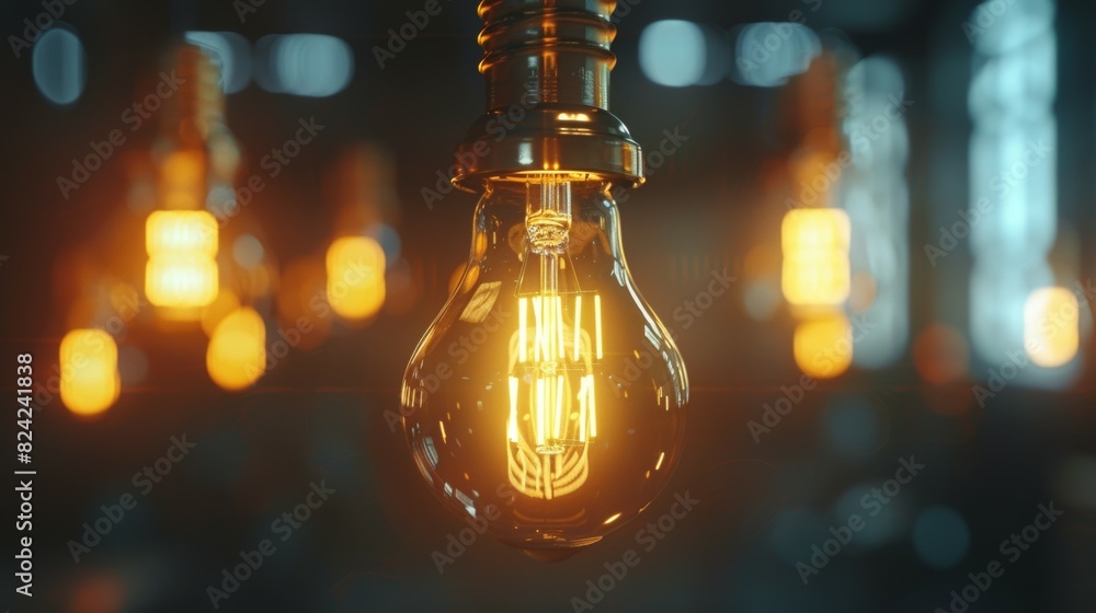 A light bulb is lit up in a dark room, energy crisis concept A light bulb is lit up in a dark room, energy crisis concept