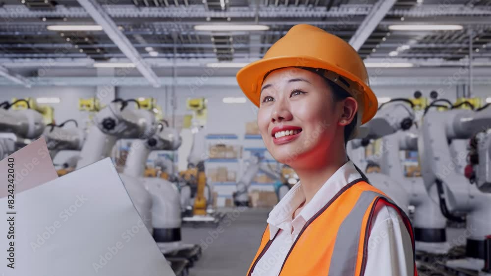 Close Up Side View Of Asian Female Engineer With Safety Helmet Looking At Blueprint In Her Hands While Standing With Robotic Arms Close Up Side View Of Asian Female Engineer With Safety Helmet Looking At Blueprint In Her Hands While Standing With Robotic Arms