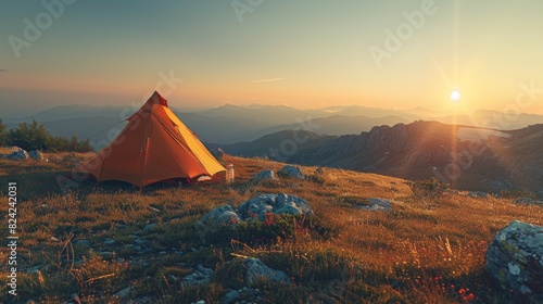 A small orange tent is set up on a grassy hillside