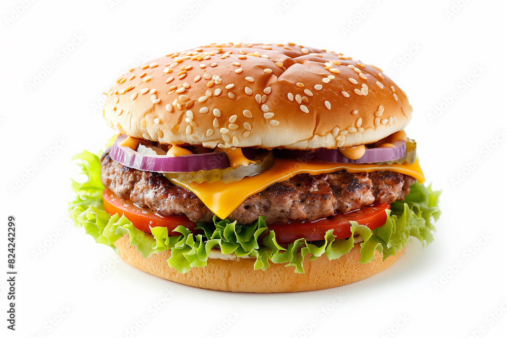 A juicy cheeseburger with melted cheese, fresh lettuce, tomato, red onions, pickles, and a sesame seed bun, on a white background. A juicy cheeseburger with melted cheese, fresh lettuce, tomato, red onions, pickles, and a sesame seed bun, on a white background.