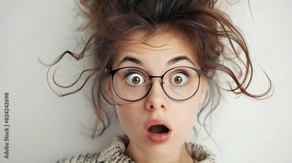 Shock, glasses and portrait of businesswoman in a studio with wow, omg or wtf facial expression Shock, glasses and portrait of businesswoman in a studio with wow, omg or wtf facial expression