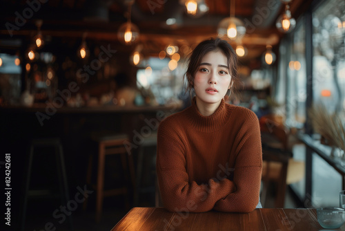 A young Asian woman in a cozy sweater sits at a wooden table in a warmly lit cafe, exuding a sense of calm and introspection amidst a softly blurred background.
