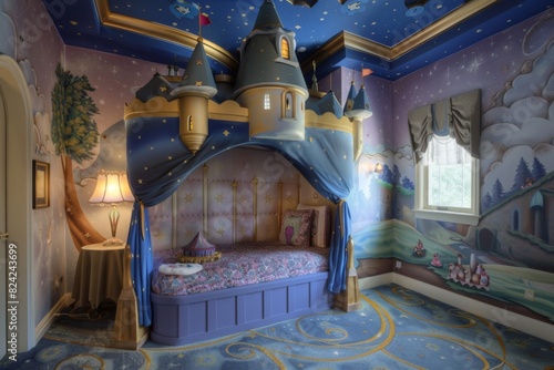 A fairy tale-themed room with a castle-shaped bed canopy and whimsical wall art photo