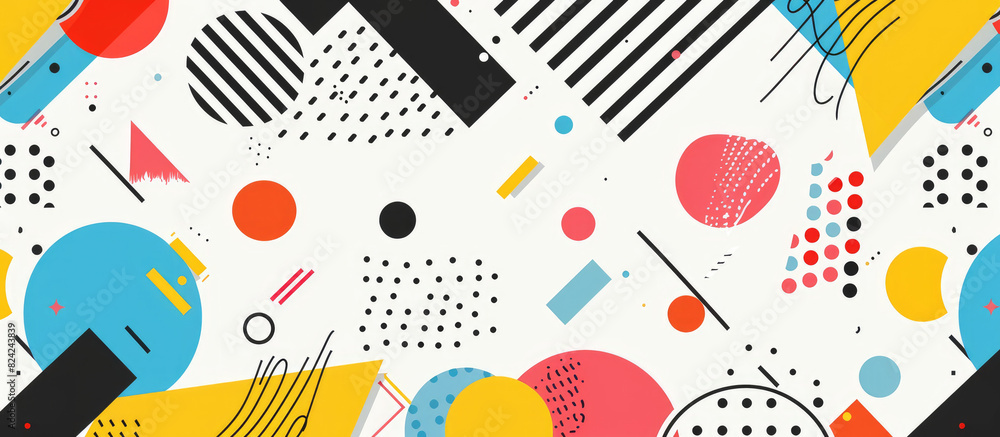 A vibrant and dynamic background illustration with bold geometric shapes, featuring bright colors like reds, yellows, blues, black dots, triangles, circles, and squares in an abstract pattern A vibrant and dynamic background illustration with bold geometric shapes, featuring bright colors like reds, yellows, blues, black dots, triangles, circles, and squares in an abstract pattern