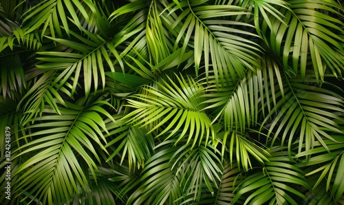 A rich and vibrant tropical jungle background featuring lush green palm leaves in an exotic rainforest setting