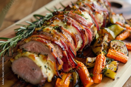 A gourmet presentation of cheesy bacon-wrapped pork tenderloin, sliced and served with a side of roasted vegetables