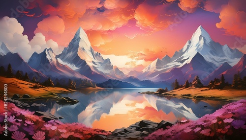 Breathtaking sunset scene in a mountainous landscape. Snow-capped summits dominate the skyline, their silhouettes etched against a vibrant sunset sky.  photo