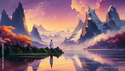 A solitary figure in a robe stands on a promontory overlooking this awe-inspiring serene lake reflects the warm hues of the sky, surrounded by rocky outcroppings adorned with purple flora.
