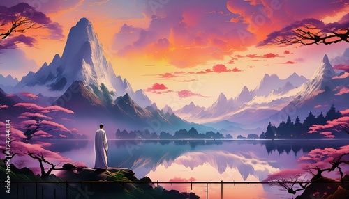 A solitary figure in a robe stands on a promontory overlooking this awe-inspiring serene lake reflects the warm hues of the sky, surrounded by rocky outcroppings adorned with purple flora. photo