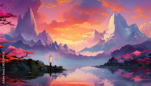 Breathtaking sunset scene in a mountainous landscape. Snow-capped summits dominate the skyline, their silhouettes etched against a vibrant sunset sky. 