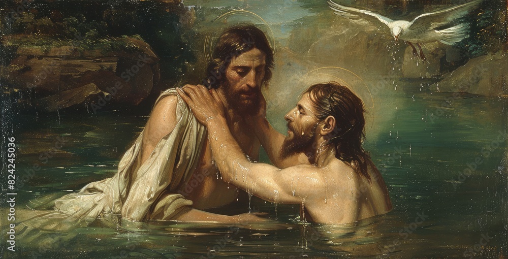 Holy ritual: baptism of Jesus - John the baptist administers the sacred ...