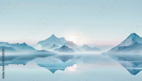 A serene landscape with mountains reflecting in calm waters, rendered in the style of a minimalist using soft pastel colors photo
