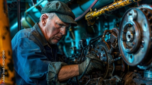 A skilled mechanic works diligently on the complex inner workings of a marine diesel engine.