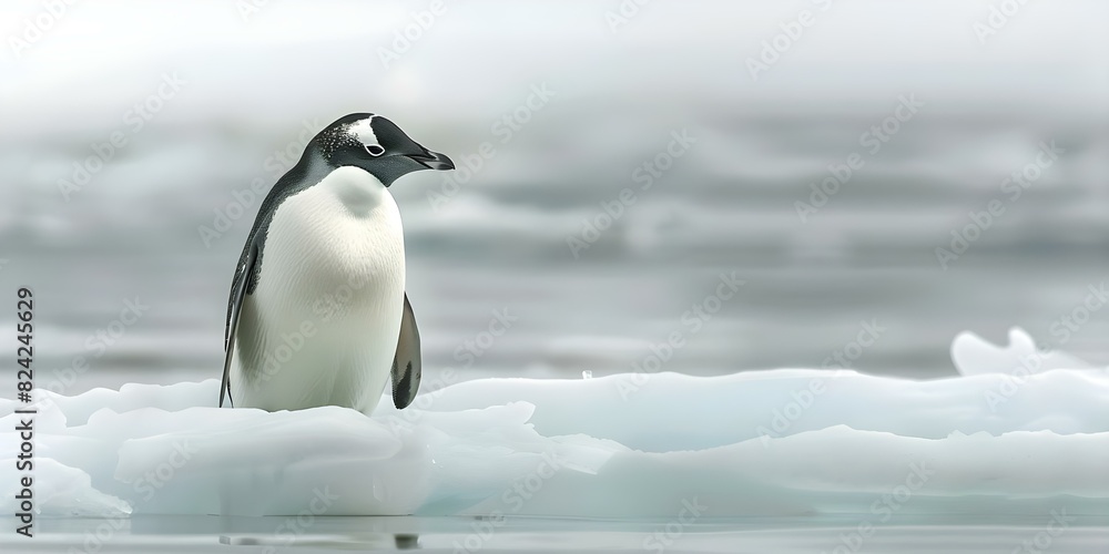 Fototapeta premium Penguin stranded on melting ice due to human-caused climate change. Concept Environment, Climate Change, Wildlife Conservation, Global Warming, Endangered Species