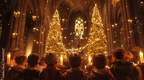 A group of children listening in awe as an angelic chorus performs hymns of joy and peace in a candlelit cathedral adorned with festive decorations © HMDesigners