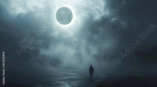 Estranged solar eclipse in the sky with person standing on flat ground, minimalistic, matte painting, concept art style, misty, surreal photo