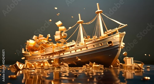 3D minimalist scene of a sinking gold bar ship, market sinking, photo