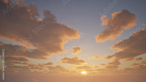 3D rendering of the morning sky with a golden sun. 3D illustration of sunrise in a cloudy sky.