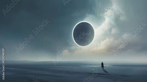 Estranged solar eclipse in the sky with person standing on flat ground, minimalistic, matte painting, concept art style, misty, surreal photo