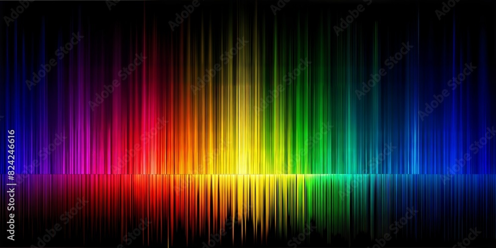 Create a vibrant design showcasing vertical lines of varying lengths, each in a different hue of the rainbow spectrum, against a black background. The colors should transition smoothly 