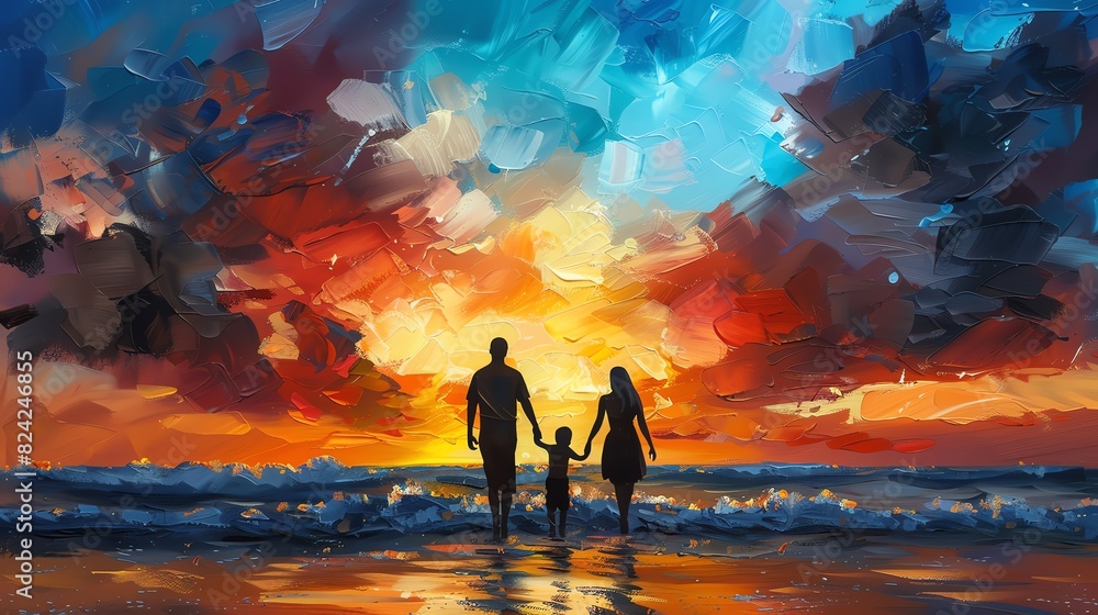 Family enjoying a sunset beach walk, holding hands, waves gently crashing, silhouettes against the colorful sky