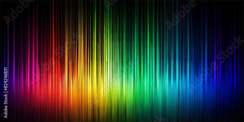Create a vibrant design showcasing vertical lines of varying lengths  each in a different hue of the rainbow spectrum  against a black background. The colors should transition smoothly 