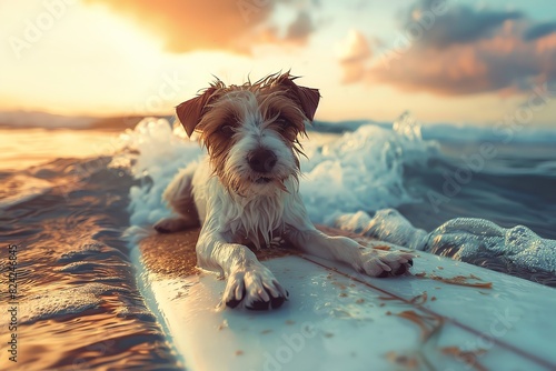 Adorable dog riding a surfboard during sunset, capturing waves in a beautiful, serene ocean landscape. Perfect summer beach scene.