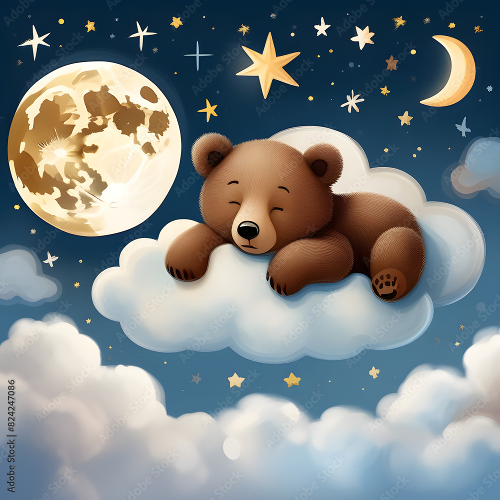 Cartoon Teddy Bear is sleeping a on the Cloud, for kids tale Cartoon Teddy Bear is sleeping a on the Cloud, for kids tale