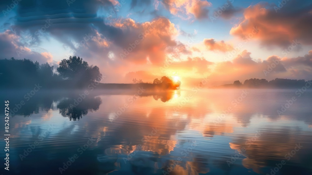 Lakeside sunrise with misty mornings and stunning cloud formations Sunrise hues blending with misty atmosphere