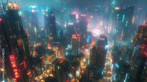 A futuristic cityscape at night, with towering skyscrapers