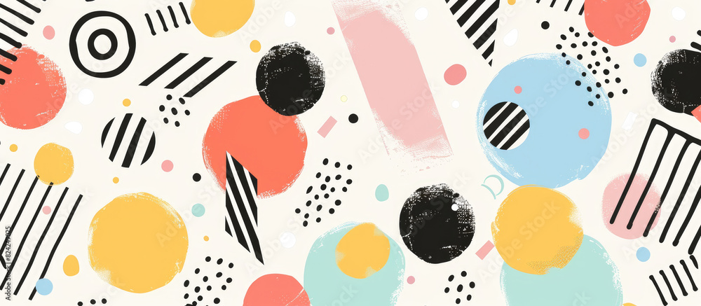 Abstract background with colorful pastel shapes and patterns, hand drawn doodles and elements, stripes and dots, white background Abstract background with colorful pastel shapes and patterns, hand drawn doodles and elements, stripes and dots, white background