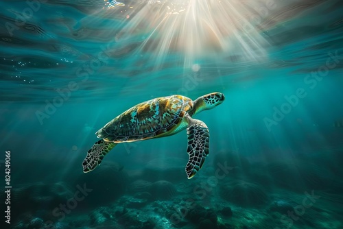 majestic sea turtle gracefully swimming through sunlit underwater scene nature photography