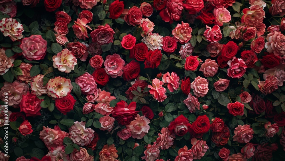 A wall of red and pink roses, arranged in an intricate pattern, creating a romantic Valentine's Day backdrop. A wall of red and pink roses, arranged in an intricate pattern, creating a romantic Valentine's Day backdrop.