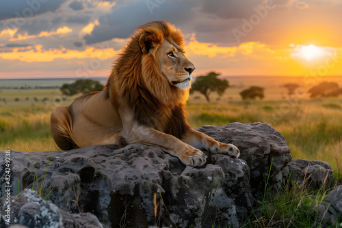 Majestic Lion Resting on Rocky Outcrop in Golden African Savanna at Sunset