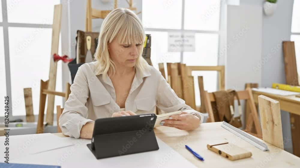 Focused blonde woman using a tablet in a bright carpentry workshop. Focused blonde woman using a tablet in a bright carpentry workshop.