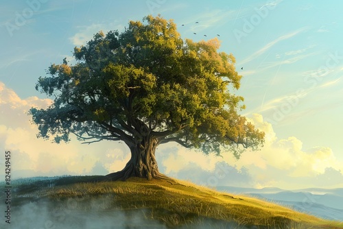 majestic solitary oak tree stands tall on a misty hill at dawn nature landscape digital painting