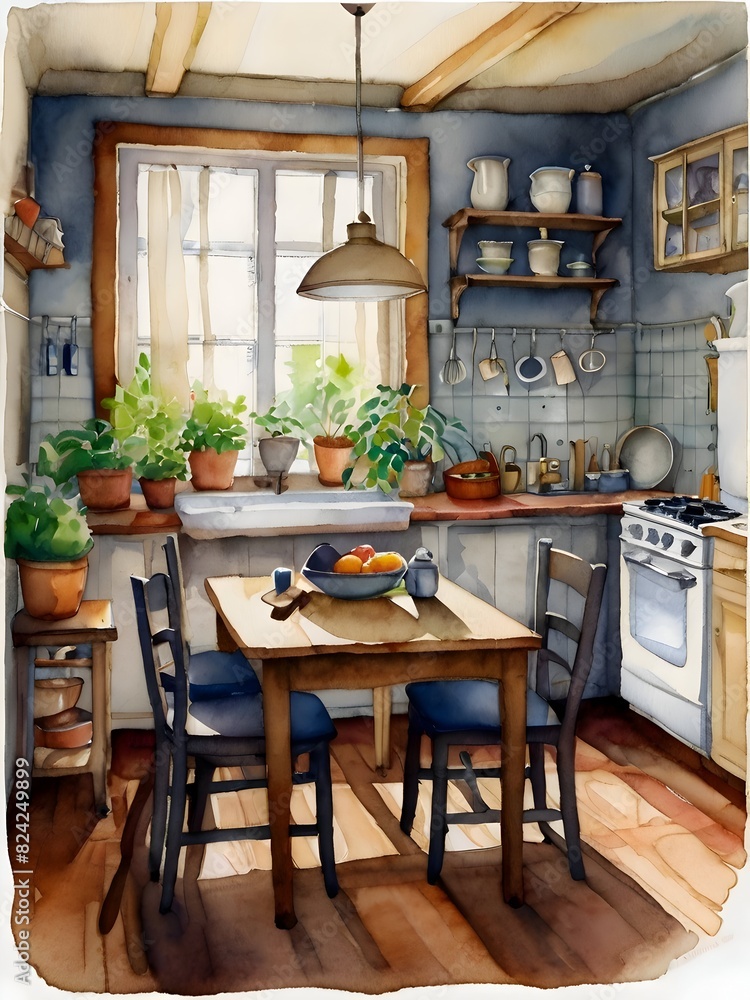 Cozy Kitchen Watercolor Art