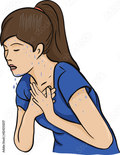 A woman suffering from panic disorder experiences dizziness, sweating, shortness of breath, racing heart, tightness in the chest. Vector illustration.